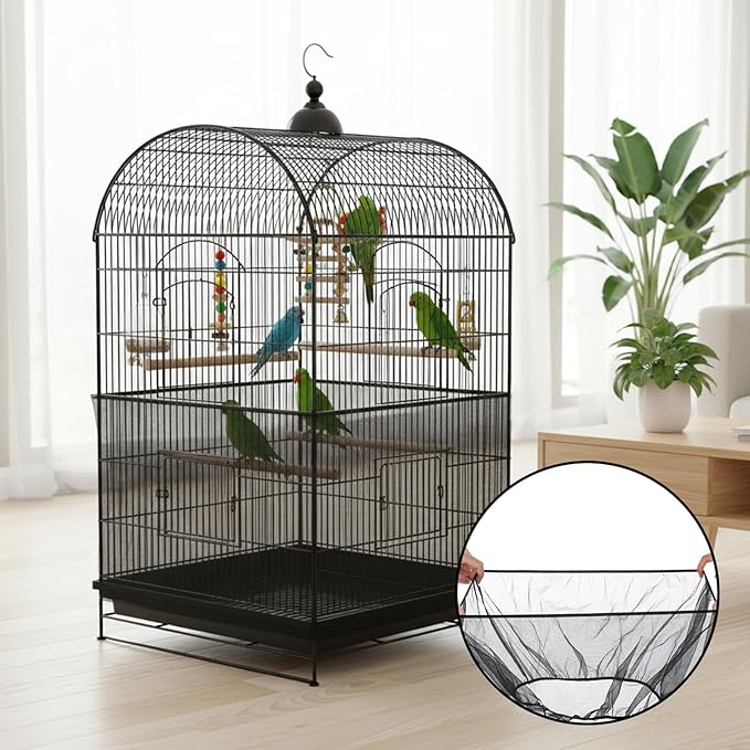 2pcs Large Bird Cage Seed Catcher Guards, Breathable Airy Nylon Mesh Material, Prevents Seed Mess, Acts as Stretchy Cage Guard, Fits Budgie, Cockatiel Various Bird Species (Black, White)