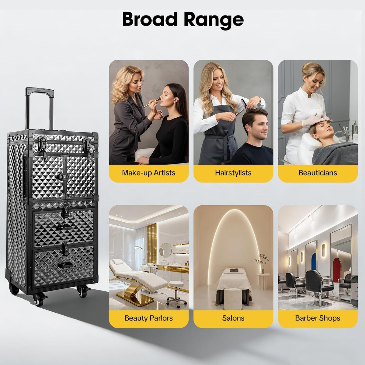 Rolling Makeup Train Case with Dual Password Locks, Aluminum Cosmetic Trolley Organizer with Wheels & Drawers, Professional Hair Stylist Barber Case for Salon Travel