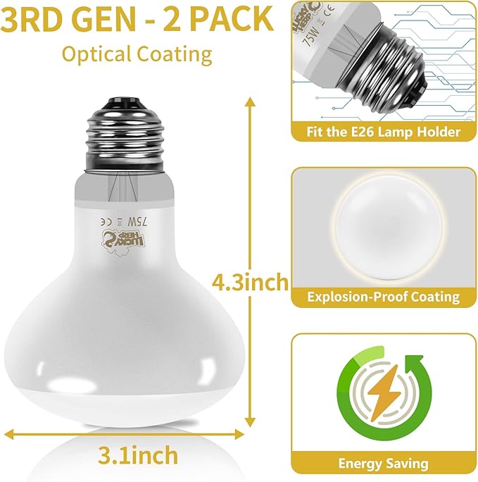 LUCKY HERP New Upgrade 75W Reptile Heat Lamp Bulb (3rd Gen, Safer), Amphibian Basking Spot Light Bulb, UVA Reptile Daylight Bulb for Turtle, Bearded Dragon, Lizard Heating Use (2 Pack)