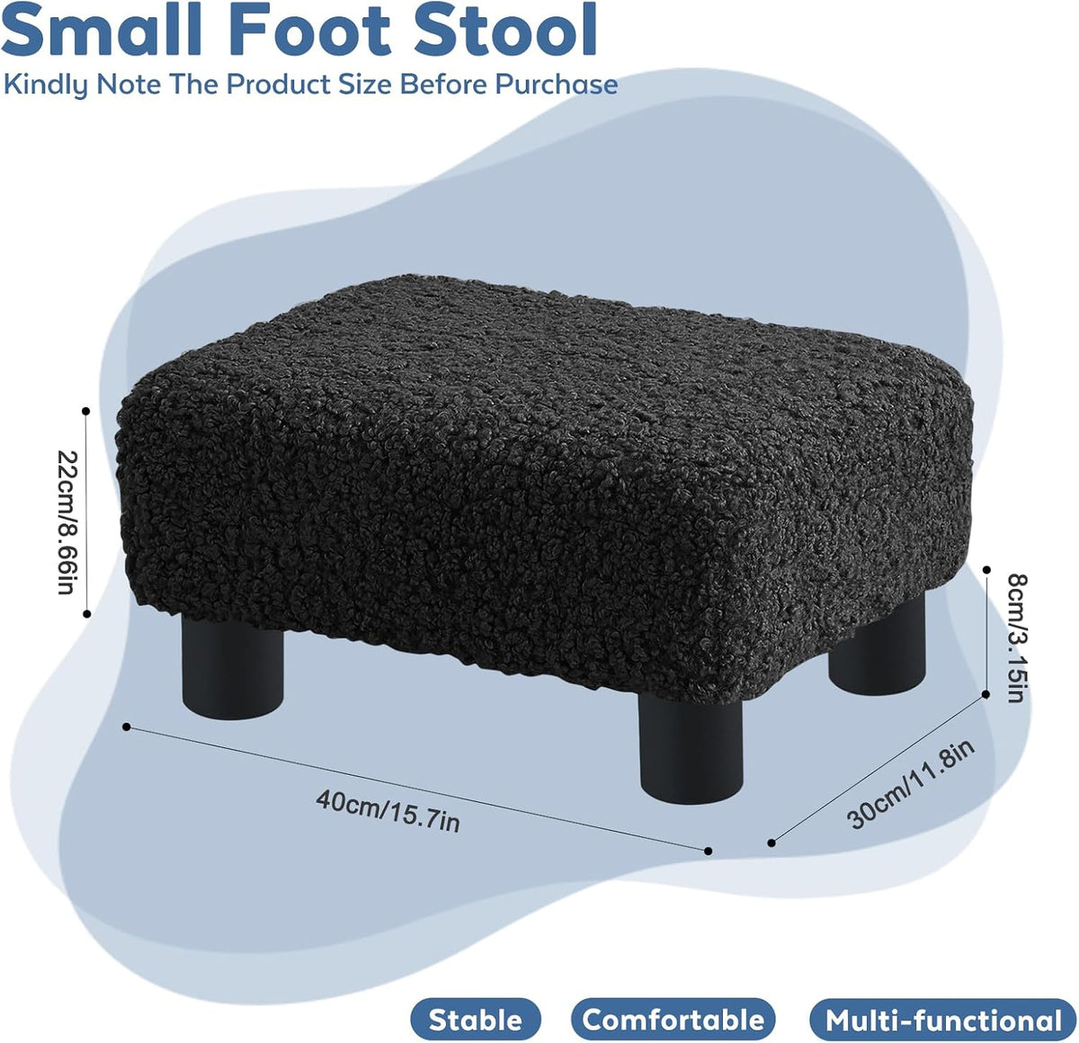 BRIAN & DANY Small Foot Stool Ottoman, Footstool with Legs, Sherpa Foot Rest for Couch, Foot Stools Small for Living Room, Bedroom and Office, Coal Black
