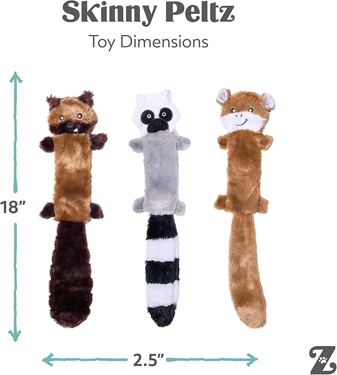 ZippyPaws Skinny Peltz - No Stuffing Dog Toy Pack to Keep Them Busy, for Medium and Large Dogs, Squeaky Pet Toys, Unstuffed Chew Toys, Soft Plush Variety Pack, Chipmunk, Lemur, and Monkey - 18"