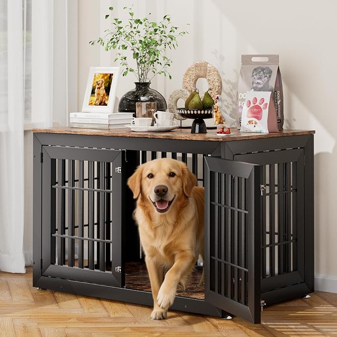 48" Heavy Duty Dog Crate Furniture for Small,Medium and Large Dogs,Rustic Wooden Dog Cage Kennel Indoor Furniture with Waterproof Top,Decorative Pet House Side End Table (Black & Wood)