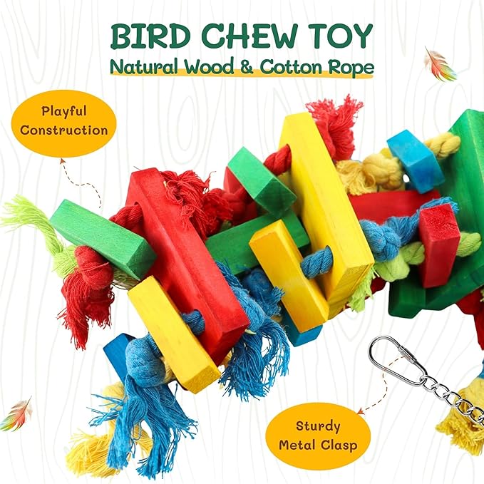 Bird Toys for Large Parrots - Macaw, African Grey, Cockatoo, Beak Exercise Chewing Toy with Colorful Wood Blocks & Ropes, Boredom Relief