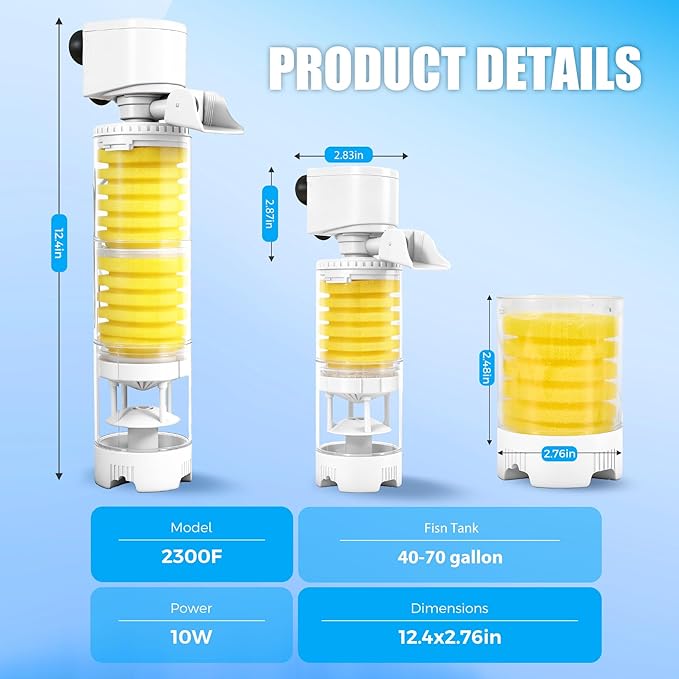 Fish Tank Filters, 4-in-1 Aquarium Filter for Multi-Layer Filtration, Adjustable Oxygenation & Wavemaker, Ultra-Quiet Water Circulation for 40-70 Gallon Aquariums, 225GPH