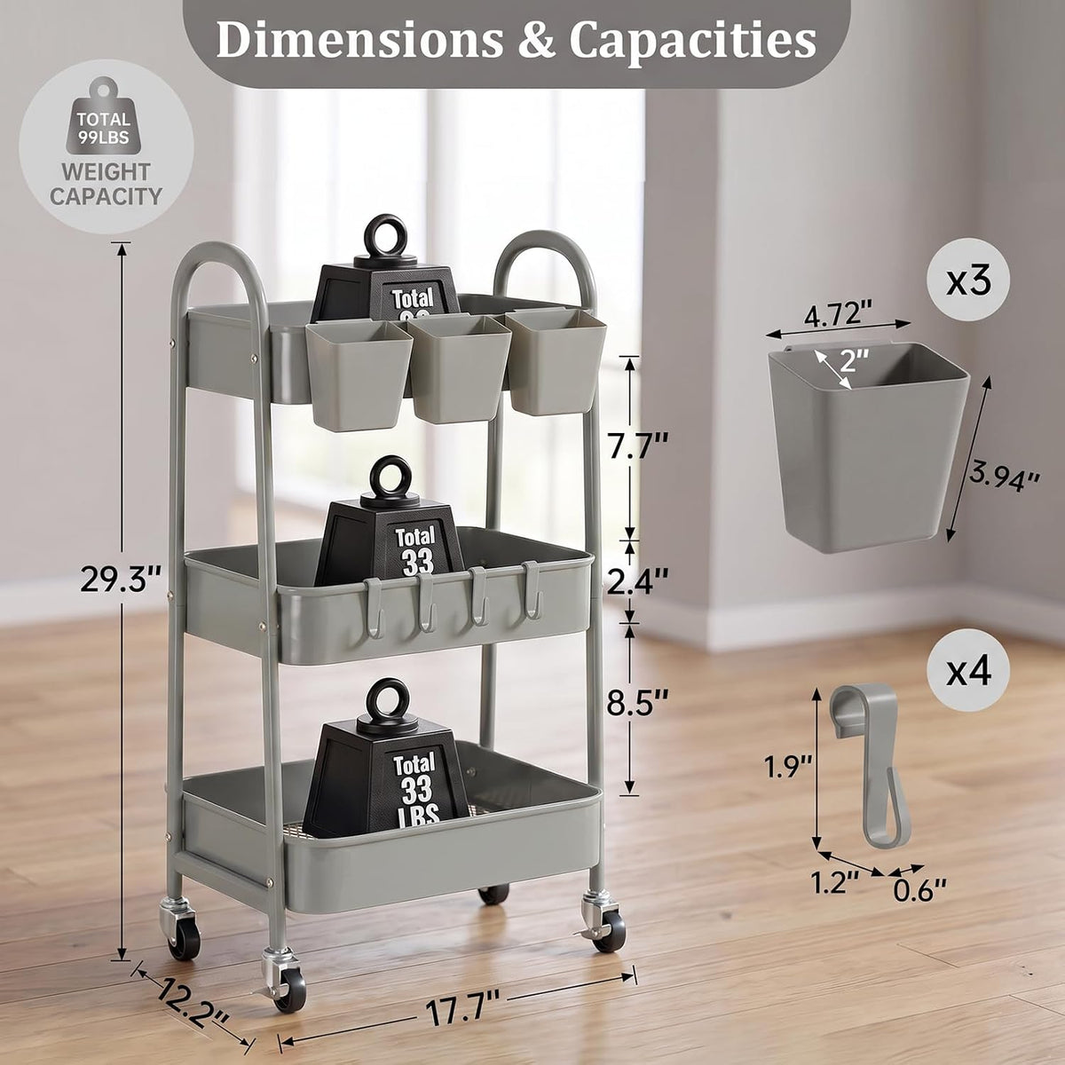 danpinera 3-Tier Rolling Cart, Metal Rolling Storage Cart with Wheels