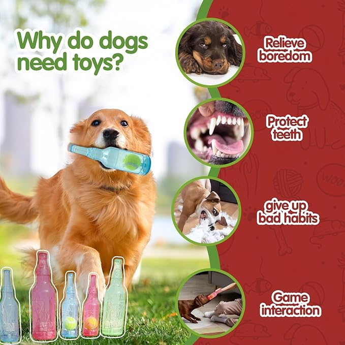 Cute Tough Dog Toy Rubber Bottle Squeaky Dogs Chew Toy Long Lasting Interactive Fetch Toy for Teething Tennis Ball Included (Blue, Large)