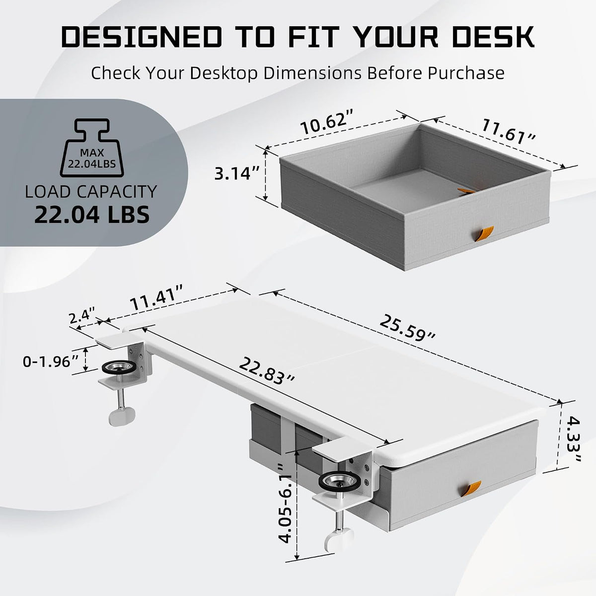 ETHU Desk Side Extender Tray with Storage Drawer, 25.6x11.4, White