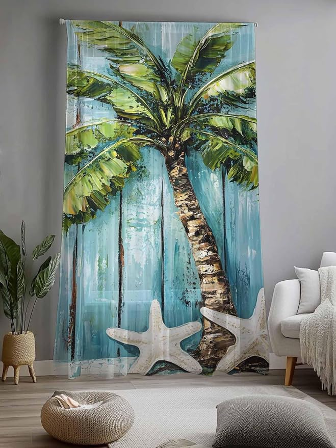Sheer Curtains 84 Inches Long, Coastal Beach Starfish Semi Sheer Curtains Light