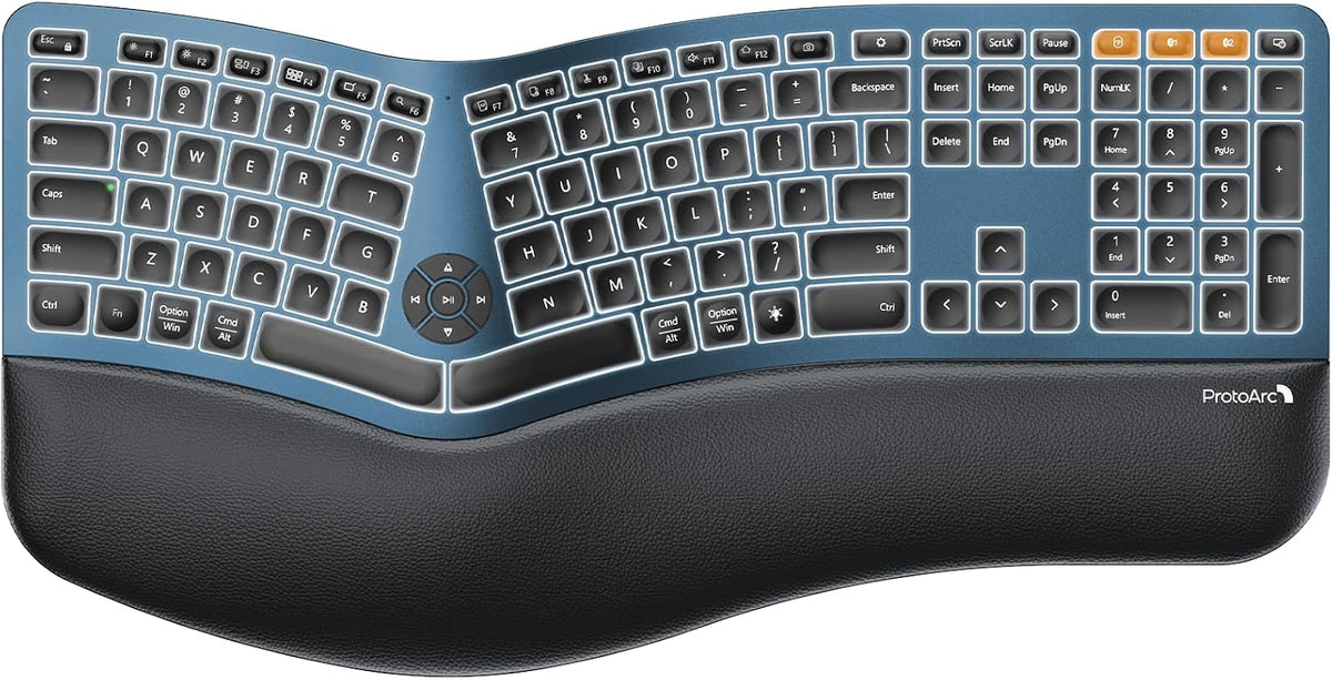ProtoArc EK01 Plus Backlit Bluetooth Ergonomic Keyboard, Full Size, Blue