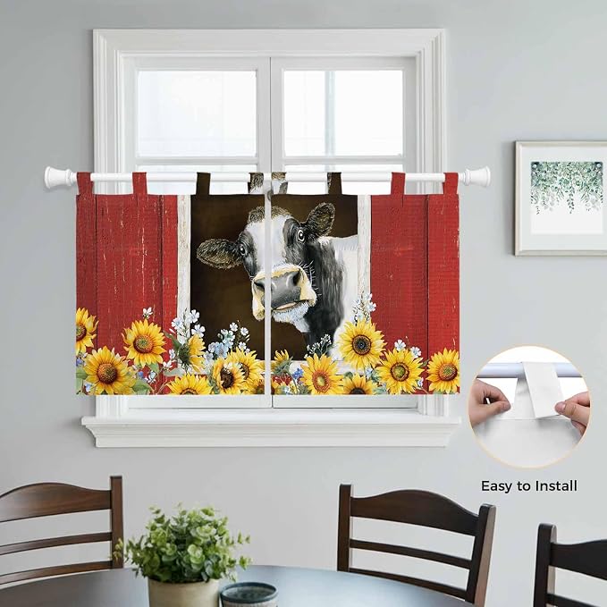 Cows Sunflowers Kitchen Curtains 24 Inch Length, Small Window Curtains Tab Top