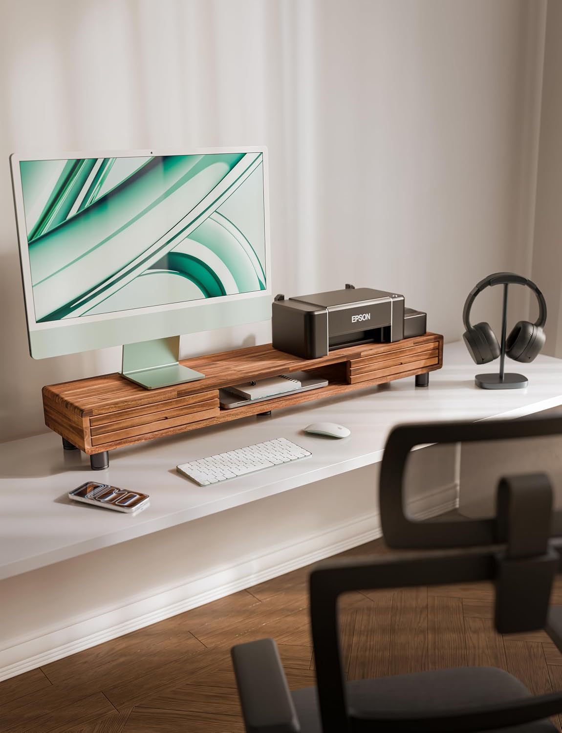 Tinamo 42.5" L Dual Monitor Stand Riser with Sliding Doors, Adjustable Feet
