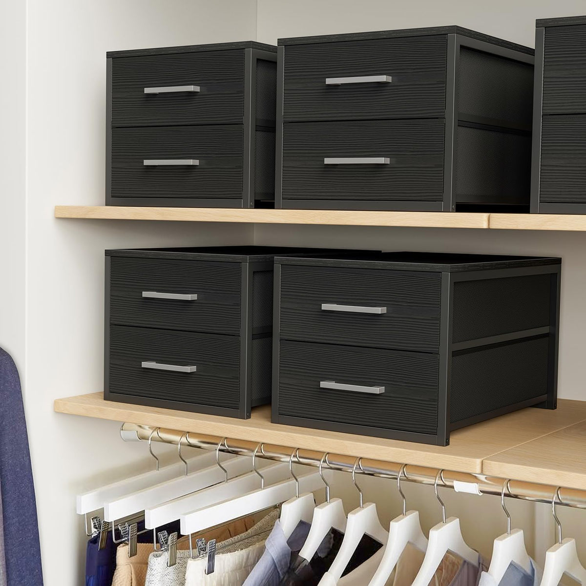 BOLUO Stackable Storage Drawers Narrow Closet Organizers and Storage Fabric Black 2 Drawer Dresser for Bedroom 2 Packs Modern