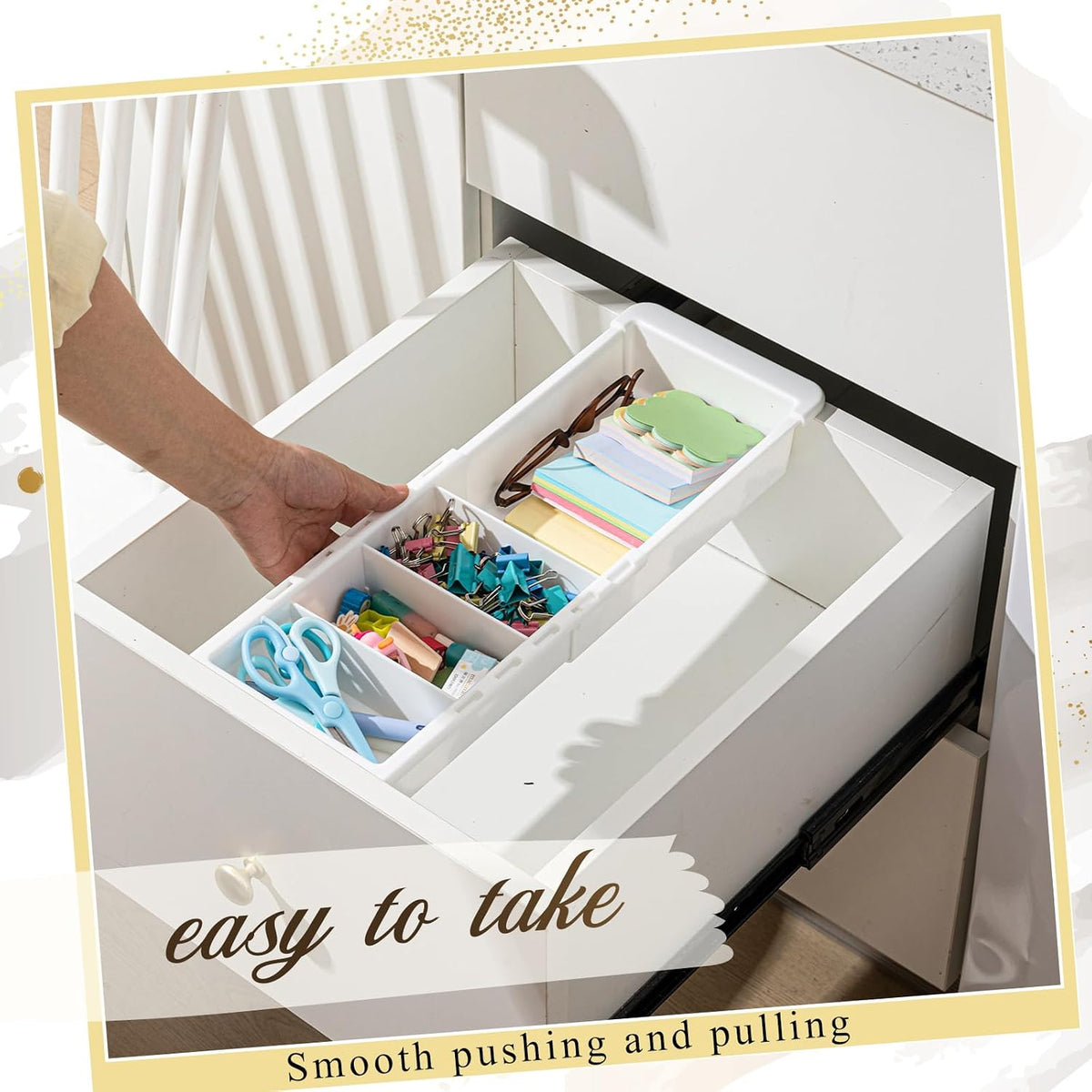 Expandable Deep Drawer Organizer Bins for Desk, White, 3 Pcs