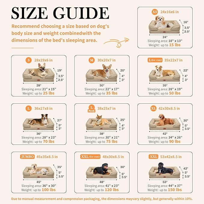 Comfort Expression Orthopedic Dog Bed for Medium Dogs 30x20 Inch, Waterproof Egg Crate Foam Medium Pet Bed with Removable Bolsters, Dog Couch with Washable Cover & Non-Slip Bottom, Light Brown
