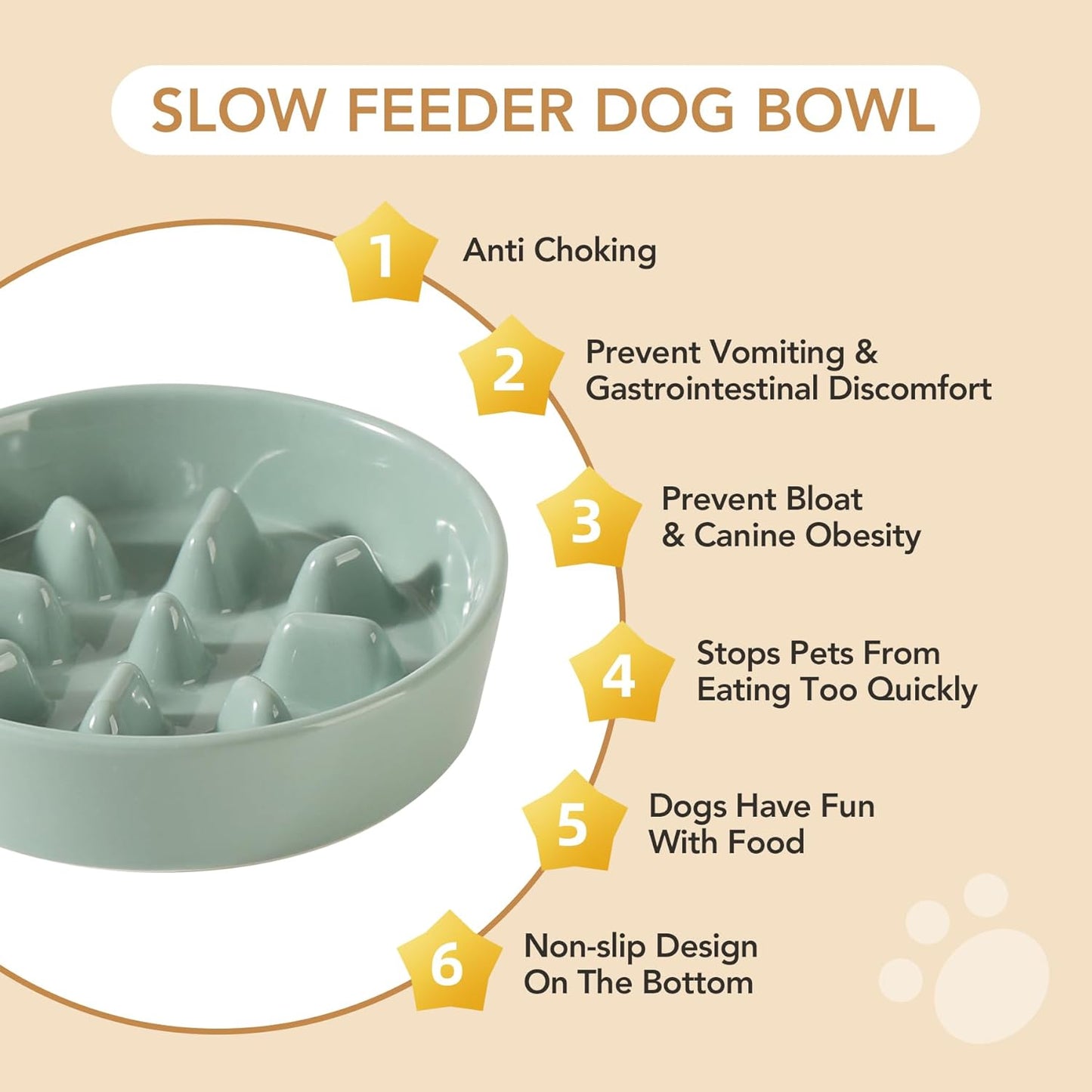 Ceramic Raised Slow Feeder Dog Bowl Set, Elevated 6.1inch Bowl and 7.3inch Slow Pet Food Dish with Wooden Stand for Small and Medium Dog (2 x Light Green+ Stand)