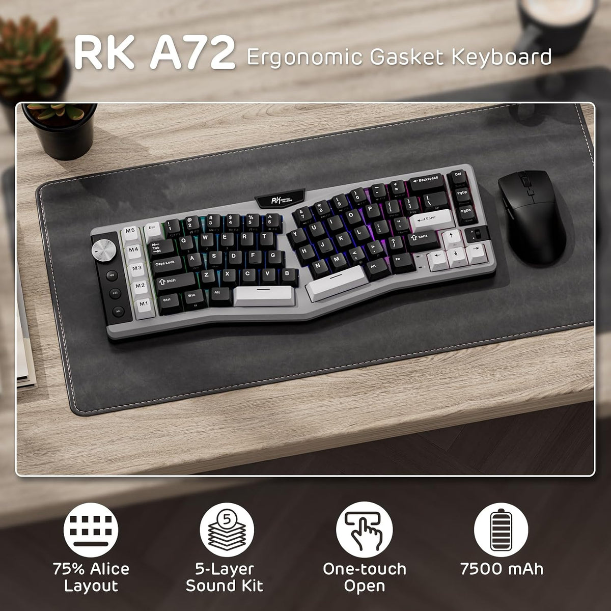 RK ROYAL KLUDGE A72 Alice Ergonomic Wireless Mechanical Keyboard,Split Ergo