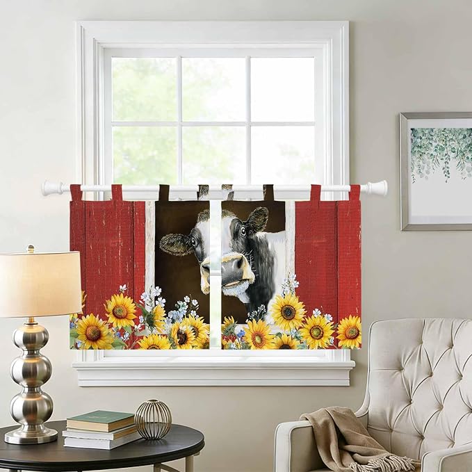 Cows Sunflowers Kitchen Curtains 24 Inch Length, Small Window Curtains Tab Top