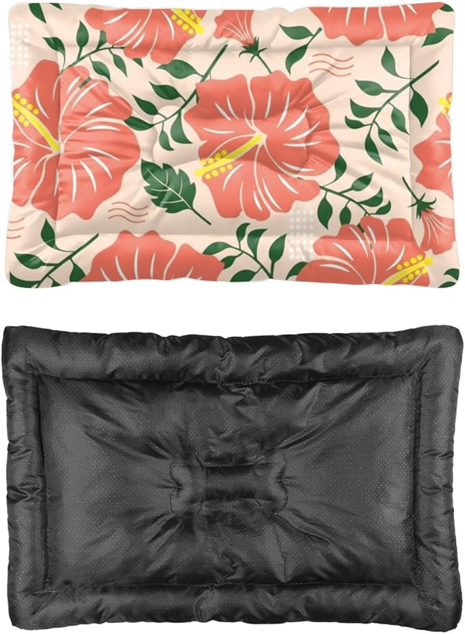 Coral Hibiscus Doggie Beds for Medium Dogs Washable Mat for Dogs Washable Kennel Pad Dog Crate Beds Non-Slip Dog Bed Crate Bed Car Mats Cages Pet Furniture Indoor Outdoor 36X24 Inch