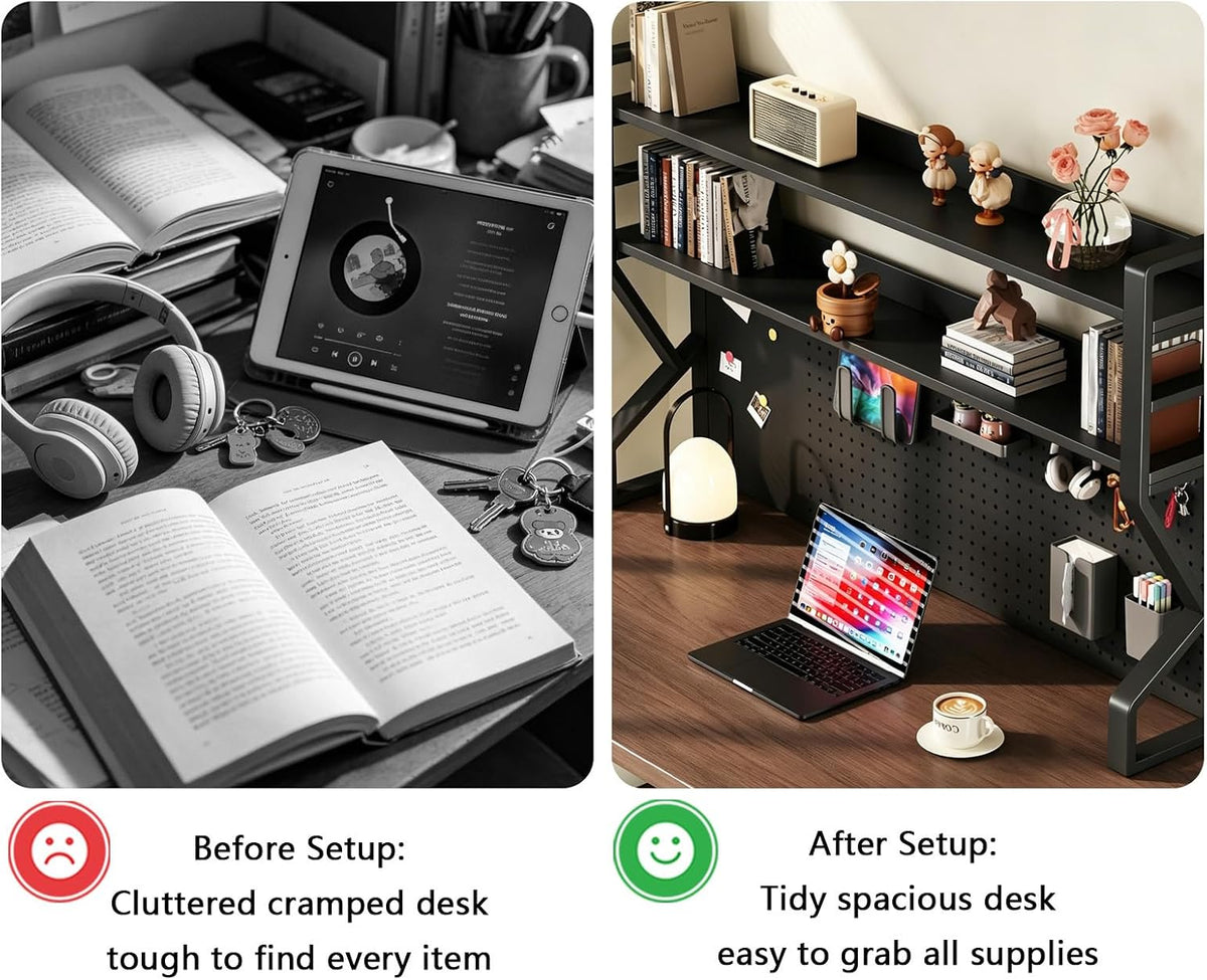 Desk Shelf, 53.1" L 2-Tier Desktop Organizer Desk Hutch Storage Rack with Hole Plate Multi-Functional Workstation Organizer Bookcase Computer Desk for Home Office Dorm Top of Desk
