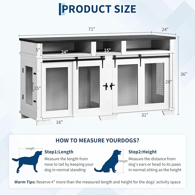 71'' Dog Crate Furniture for 2 Dogs, Extra Large Double Dog Kennel Indoor with Removable Divider and Storage Drawers, Wooden Dog Crate TV Stand for Large Medium Dogs