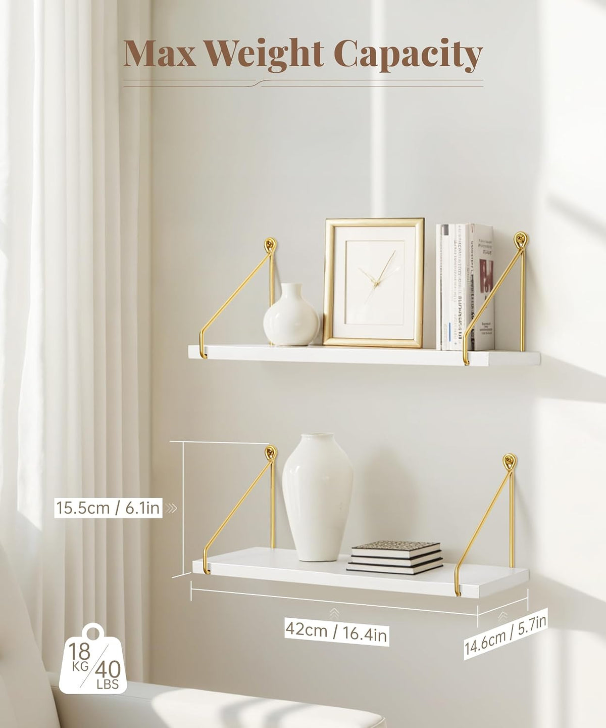 Afuly Floating Shelves for Wall, White and Gold Shelf, Display Wall Shelves
