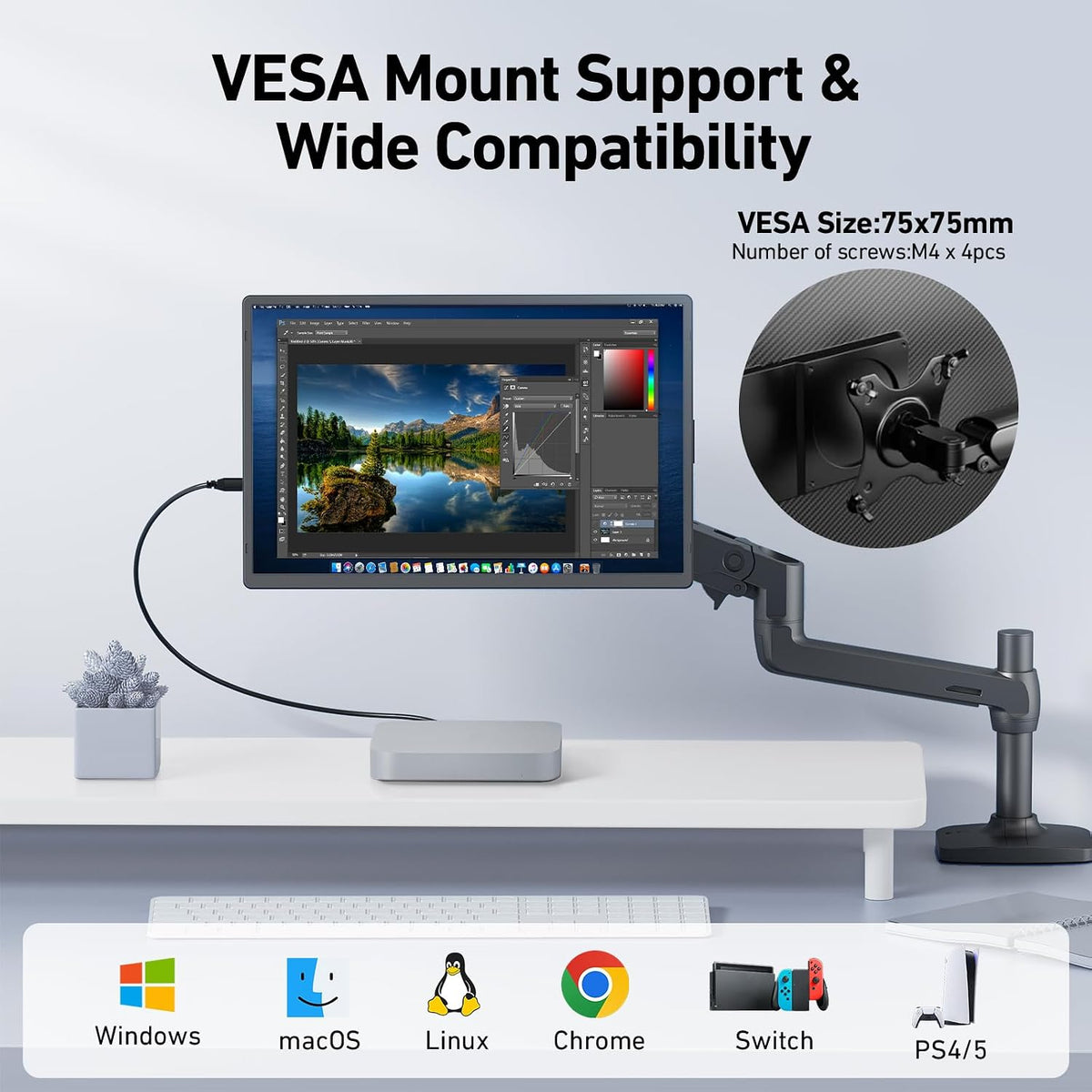 16'' Laptop Screen Extender, 360° Rotating Detachable Stand/VESA Support, FHD 1200P IPS Portable Monitor, Plug & Play with HDMI/USB-A/Type-C, Compatible Win/Mac/Android