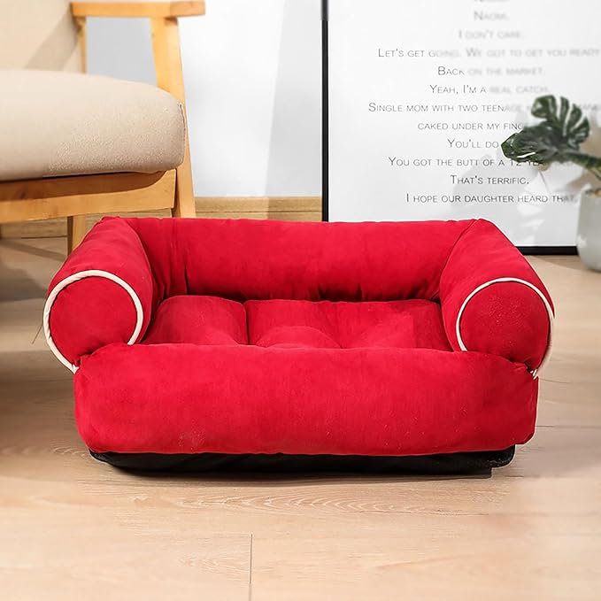 Suede Sofa Dog Bed, Multiple Sizes Orthopedic Memory Foam Mattress, Durable and Calming, Washable Dog Bed with Anti-Slip Bottom M brightRed