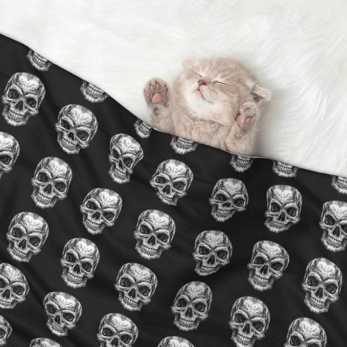 Reversible Pet Blanket for Easy Cleaning Maintenance, Black Skull Head, Double Sided Plush Dot Design Means Double Use Between Washes for Convenience