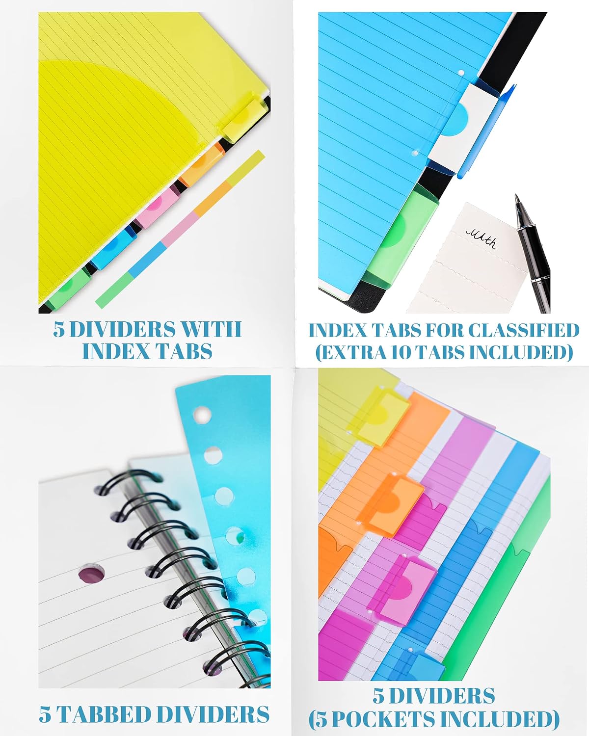 5 Subject Notebook, 3 Pack College Ruled Notebook with Storage Divider Pockets, Index Tabs, 11" Ruler, 200 Pages, for School, Business, Office Supplies, 8.1''x11.7''（Black Red Blue