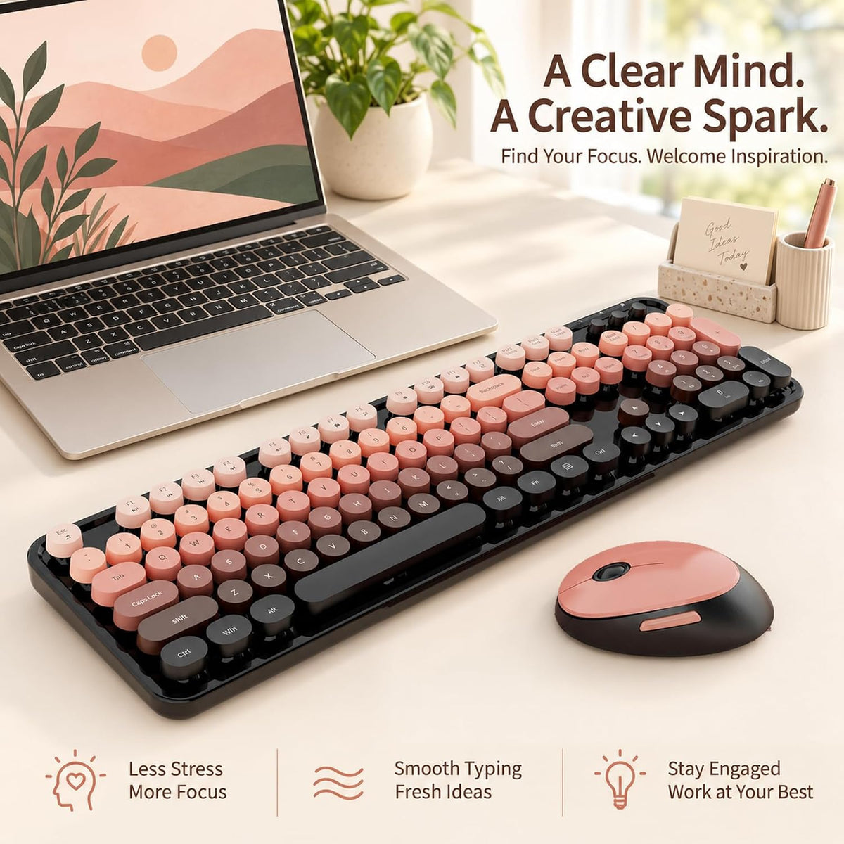 Nowlike Wireless Keyboard and Mouse Combo, Retro Typewriter Keyboard with Round Keycaps, Full-Size Ergonomic, Red, Ideal for Windows PC, Home, Office, and College, Wireless Keyboard Mouse Combo