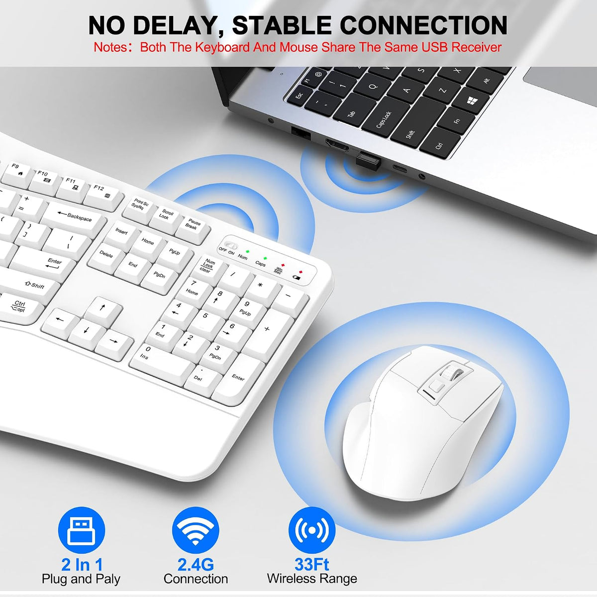 Wireless Keyboard and Mouse Combo, 2.4G Ergonomic Wave Keys(White)