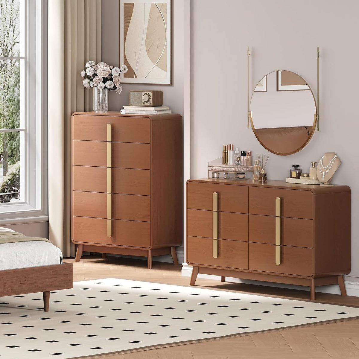 JOINICE Dresser for Bedroom with 6 Drawers,Mid Century Modern Dresser with Storage,47" Wide Chest of Drawers with Metal Handles,Large Wood Drawer Organizer for Bedroom,Living Room,Hallway,Cherry