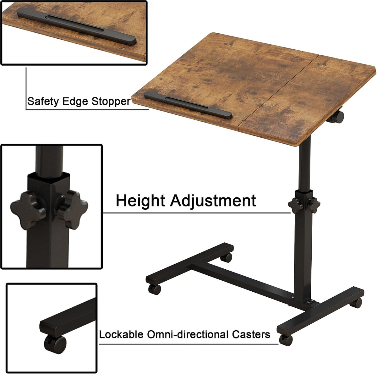 TigerDad Adjustable Overbed Table with Wheels, Rolling Laptop Bed Desk for Home Hospital Use, Height & Tilt Adjustable Mobile Table for Eating, Working, Reading in Bed or Sofa