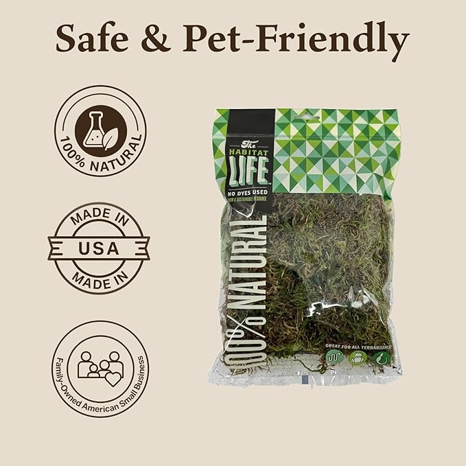 The Habitat Life - Natural Deco Moss - for Reptiles, Amphibians & Invertebrates Terrariums - Humidity Control - Natural Look & Feel - Soft Surface - Dye-Free & Safe - Small - 1 Pack