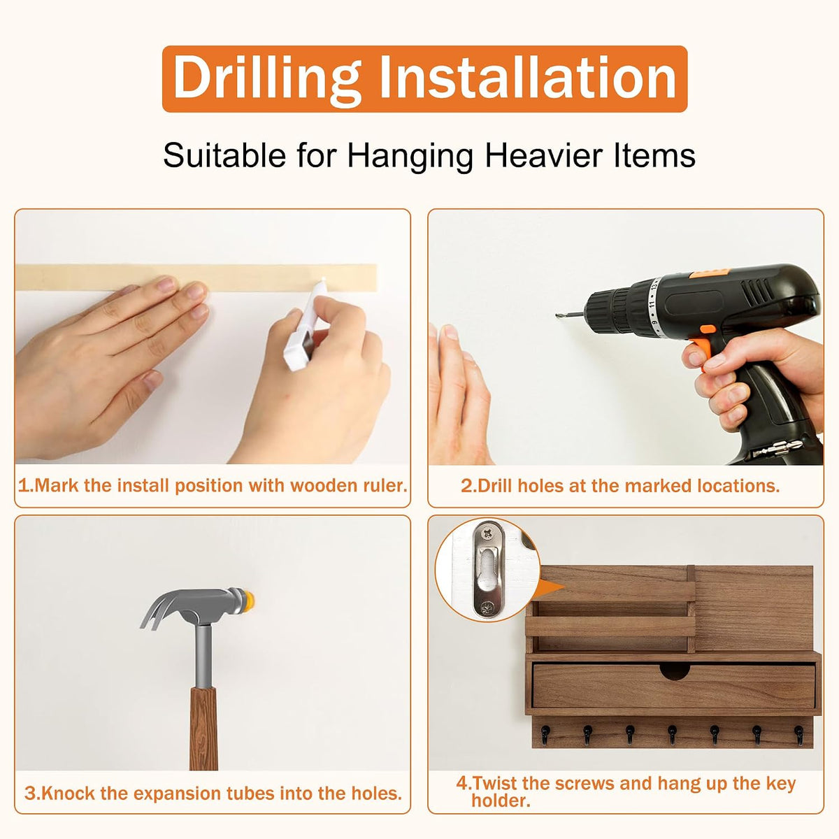Key Holder Wall Mount, Mail Organizer with 7 Hooks and Storage Drawer