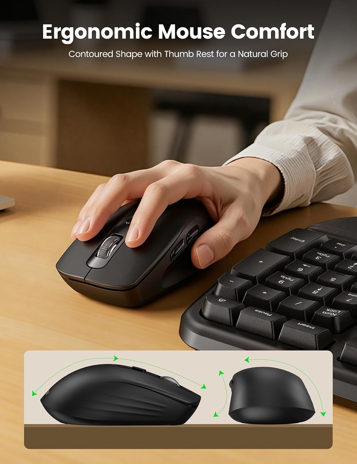 Ergonomic Wireless Keyboard and Mouse Combo, Full Size Wave, Natural Typing