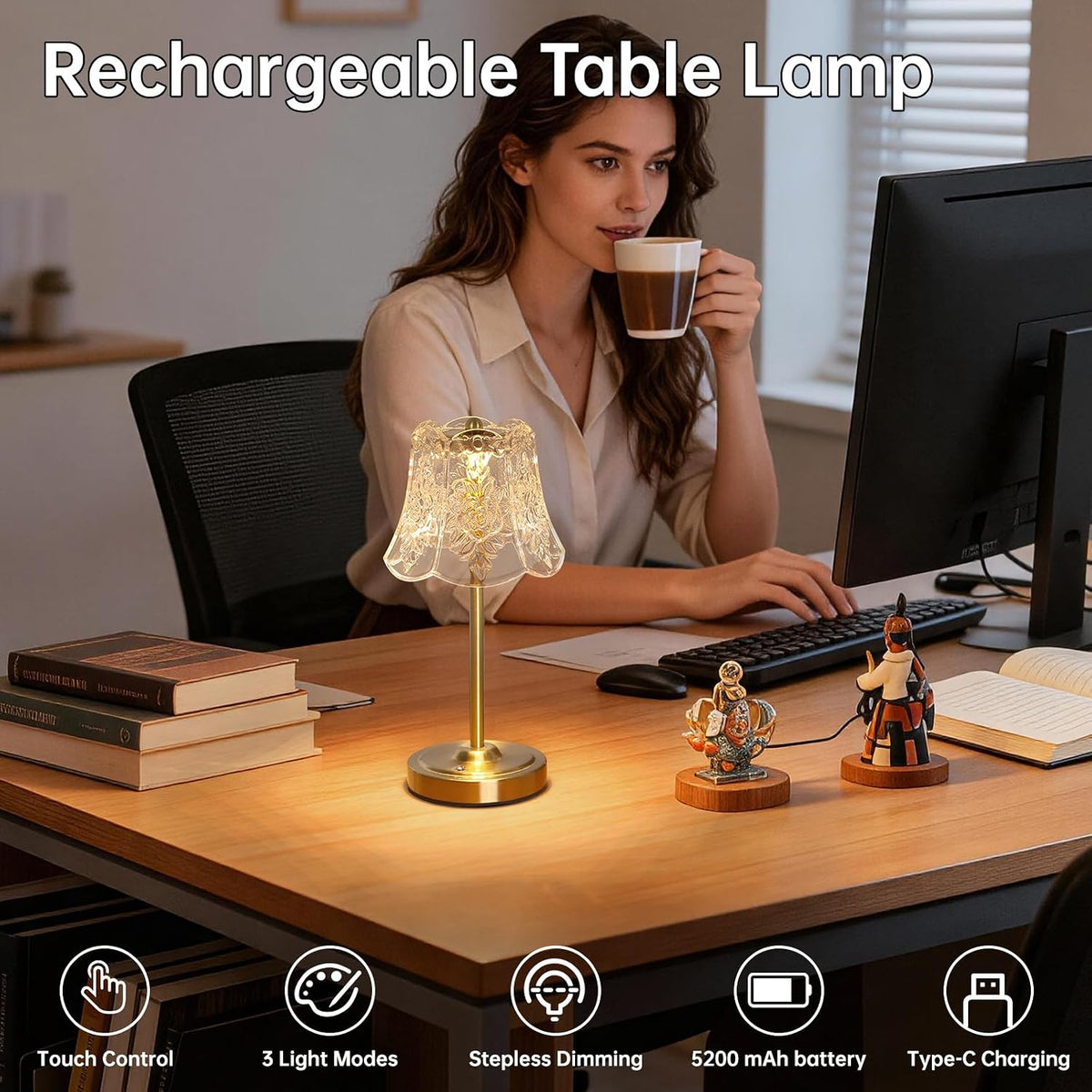 Shenmoyl Cordless Touch Table Lamp with 5200mAh Battery - 3 Adjustable Color Temperatures & Dimmable, Rechargeable Desk Lamp for Bedroom, Living Room, Office, Entryway, Bookshelves (Transparent Rose)
