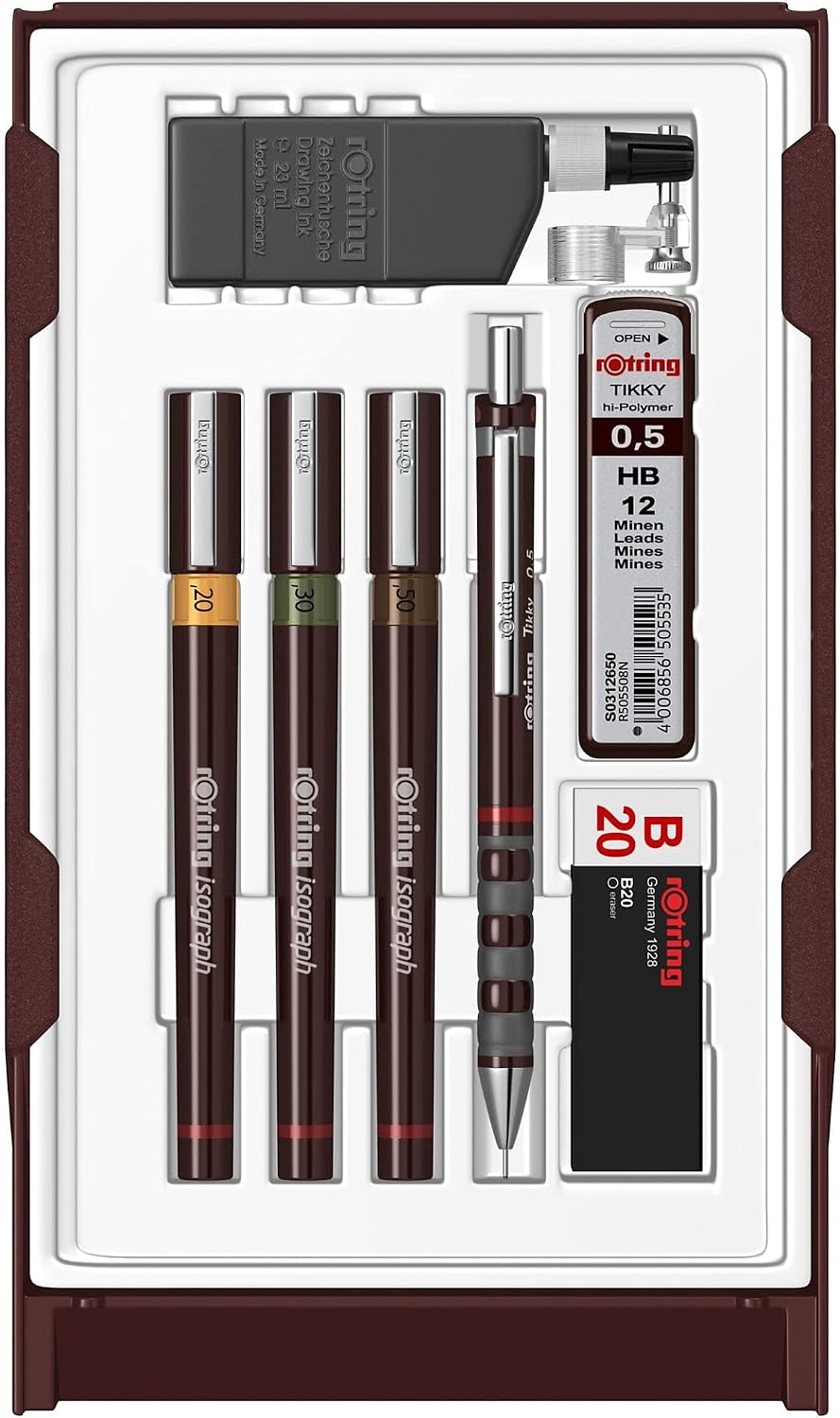 rOtring Isograph Technical Drawing Pen College Set, (0.20, 0.30, 0.50 mm), Includes Pens, Pencil, Eraser, and More - Designed for Precision