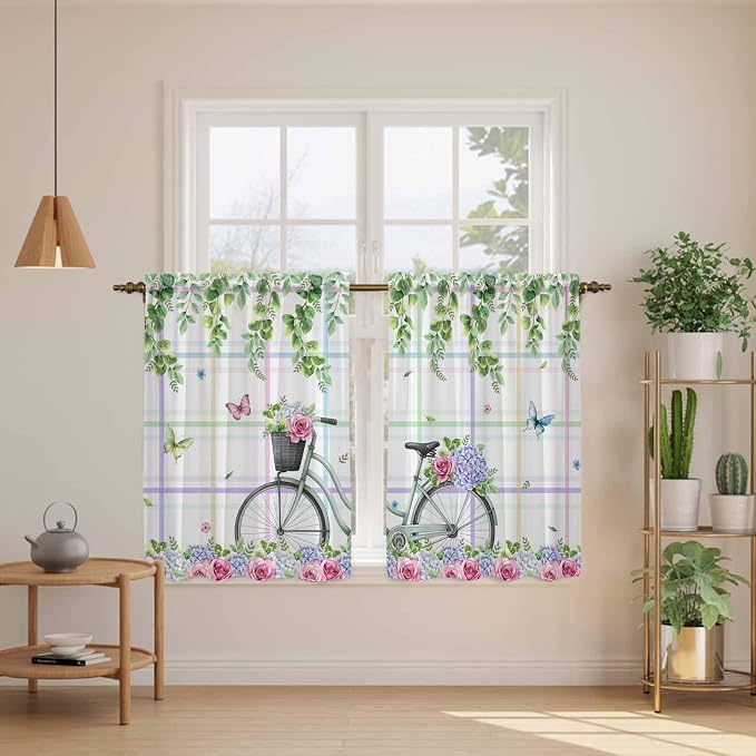 Spring Tier Curtains, Bicycles Botanical Leaves Rose Colorful Stripes Light