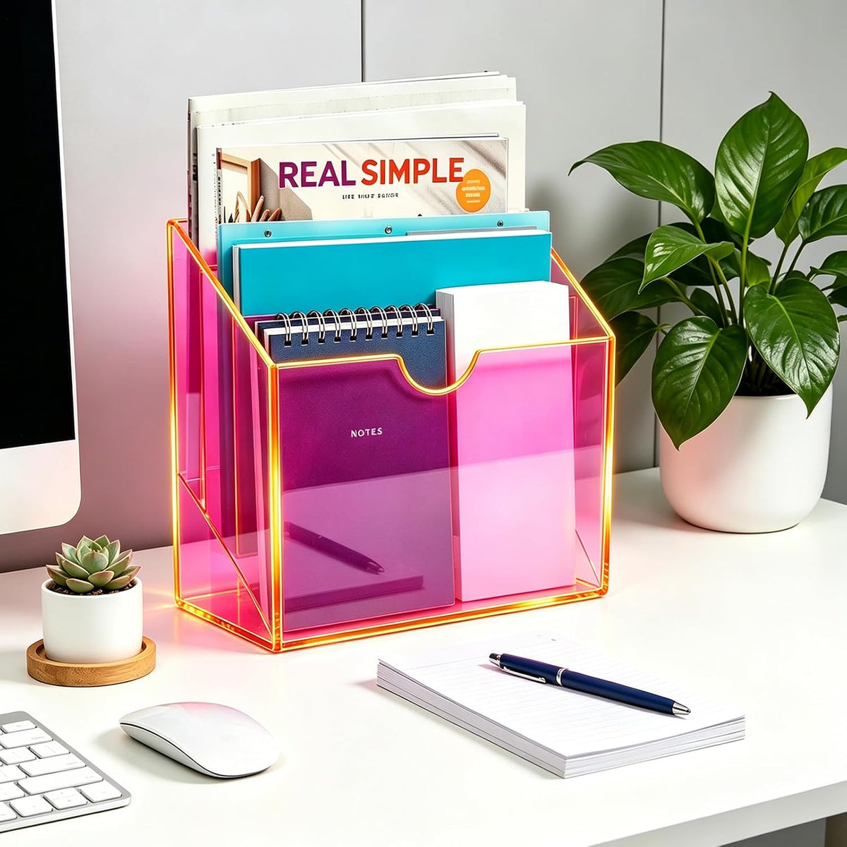 3-Tier Wall File Organizer Acrylic Hanging File Holder Magazine Holder Wall Mount, Neon Pink