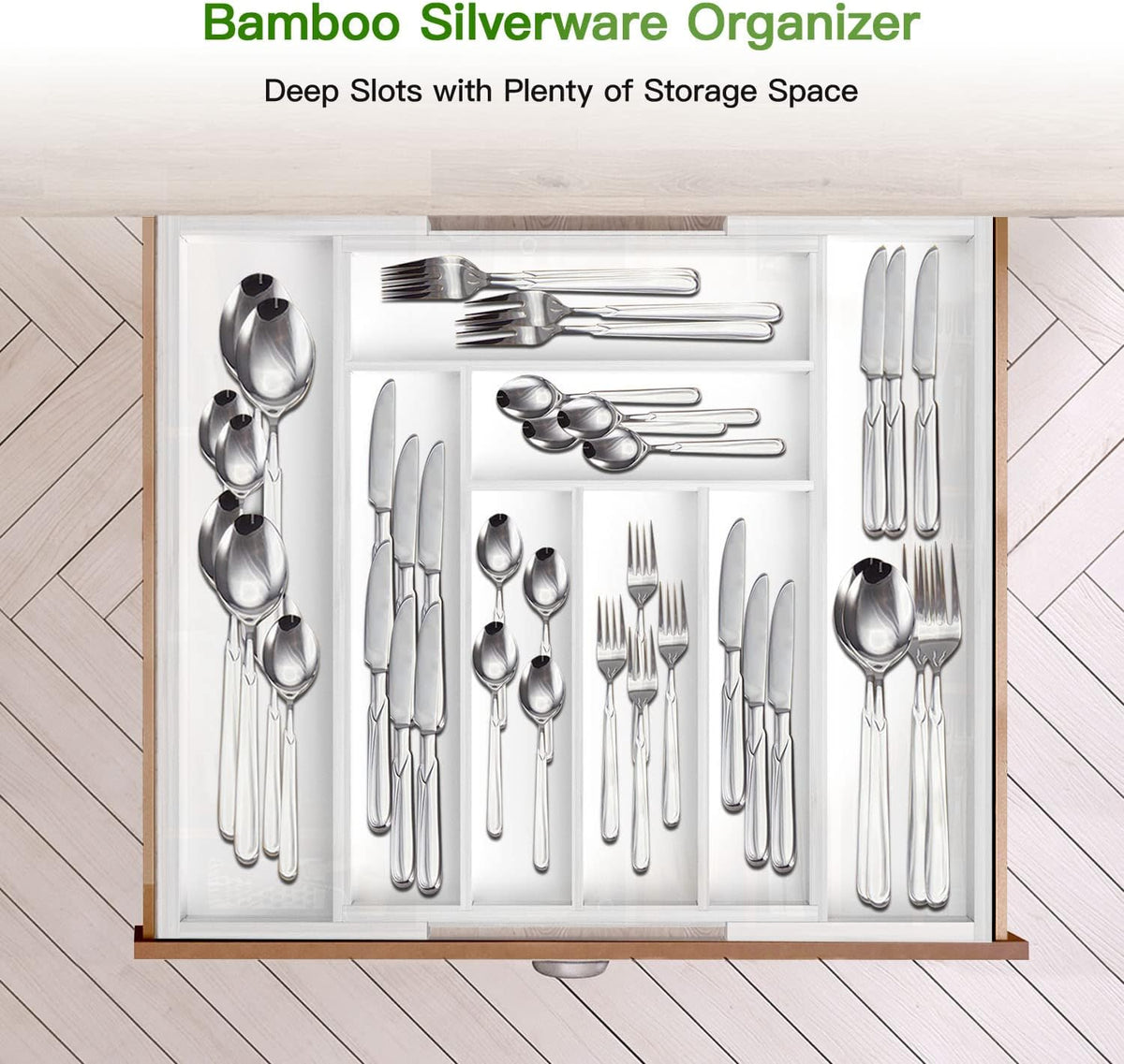 Pipishell Expandable Bamboo Silverware Drawer Organizer, White, Large