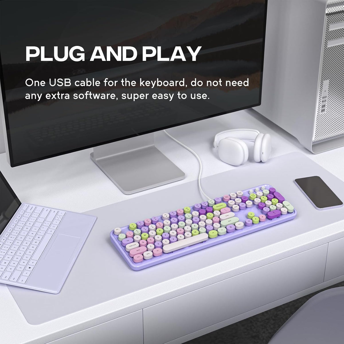 Atelus Computer Wired Keyboard, Plug Play USB Full-Size Keyboard with Large Number Pad, Caps Indicators, Foldable Stands, for Windows 7/8/10 PC Laptop (Purple Colorful)