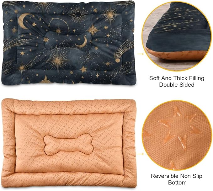 Moon Stars Dog Bed Mat Gold Black Starry Pet Kennel Beds Washable Cat Beds Crate Pad Pets Sleeping Mattress for Large Medium Small Dogs 36x24 Inch