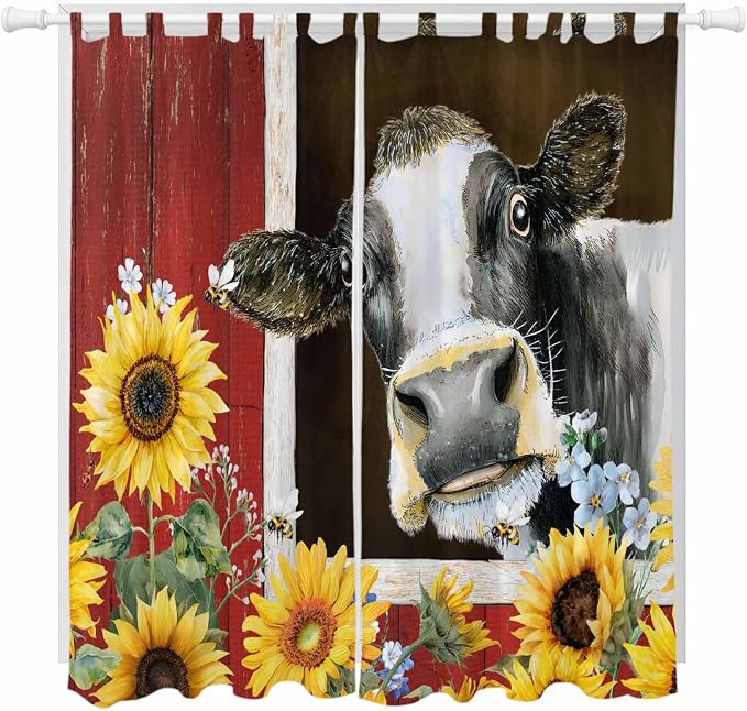 Cows Sunflowers Living Room Curtains 84 Inch Length, Window Curtains Tab Top