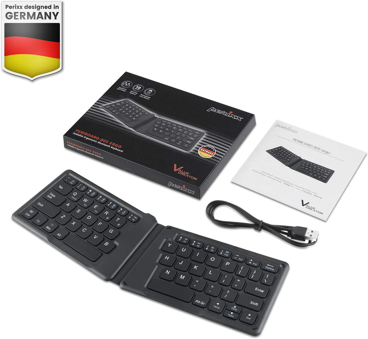 Perixx PERIBOARD-805E, Wireless Foldable Ergonomic Bluetooth Keyboard, Ultra-Thin X Type Keys, Compatible with iOS, Android, or Windows Smartphone, Tablet, or Laptops, US English