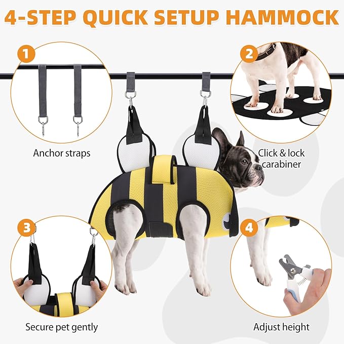 Dog Grooming Hammock for Small Dogs Cats, Cute Bee Design Dog Hanging Harness for Nail Trimming/Clipping,Pet Sling with Grooming Kit and Thick Neck Support & Strap Restraint Claw Care, S