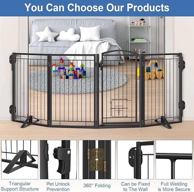 Full Metal Freestanding Dog Gate with Cat Door for Indoor & Outdoor,32" Tall Foldable Dog Fence,80" Extra Wide Freestanding Pet Gate for Large Openings,Stairs,Deck,Yard,Doorways(4 Panels,Black)