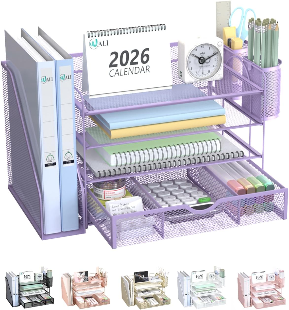 WALI Desk File Organizer, 4 Tier Desktop Paper Letter Tray Organizer with Drawer and 2 Pen Holders, Office Desk Accessories & Workspace Organizers for Office, Home Supplies(DO005DH-V), 1 Pack, Purple