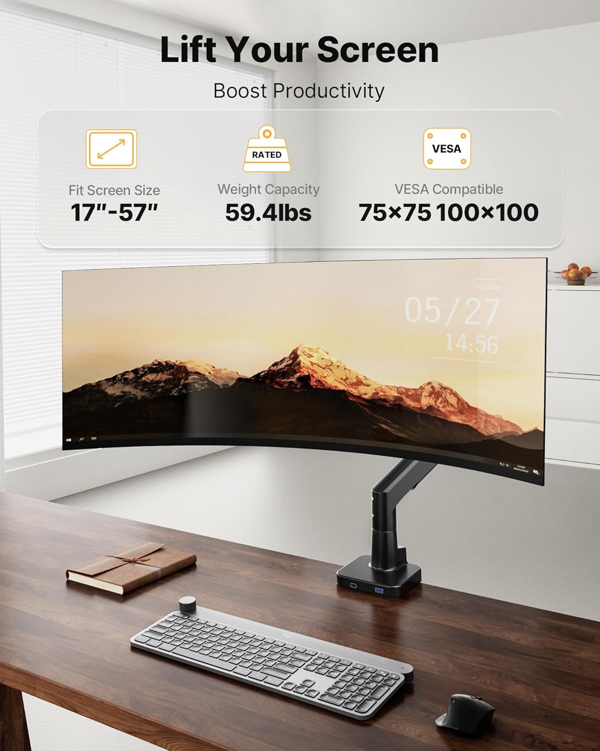 monTEK USB Monitor Arm for 17-57" Ultrawide, 59.4 lbs, Black