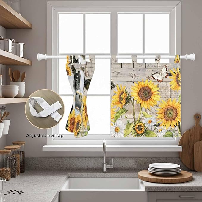 Yellow Sunflowers Kitchen Curtains 24 Inch Length, Small Window Curtains Tab Top
